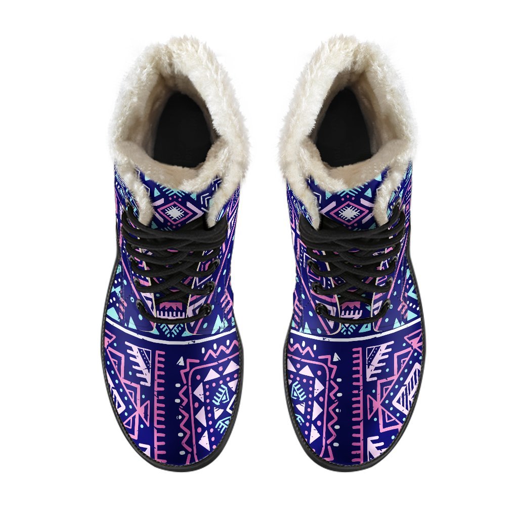 Boho Chic: Blue and Pink Aztec Pattern Faux Fur Leather Boots for Hippies - 4