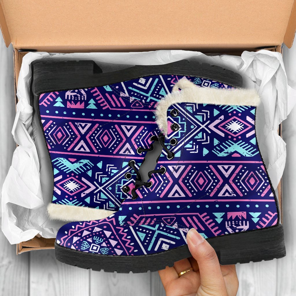 Boho Chic: Blue and Pink Aztec Pattern Faux Fur Leather Boots for Hippies - 5