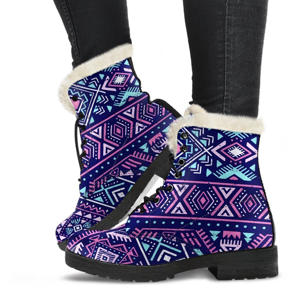 Boho Chic: Blue and Pink Aztec Pattern Faux Fur Leather Boots for Hippies - 1