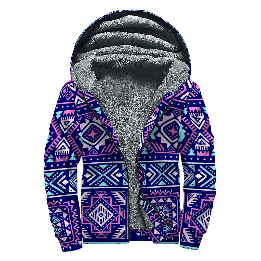 Bohemian Bliss: Blue and Pink Aztec Pattern Sherpa Hoodie - 1