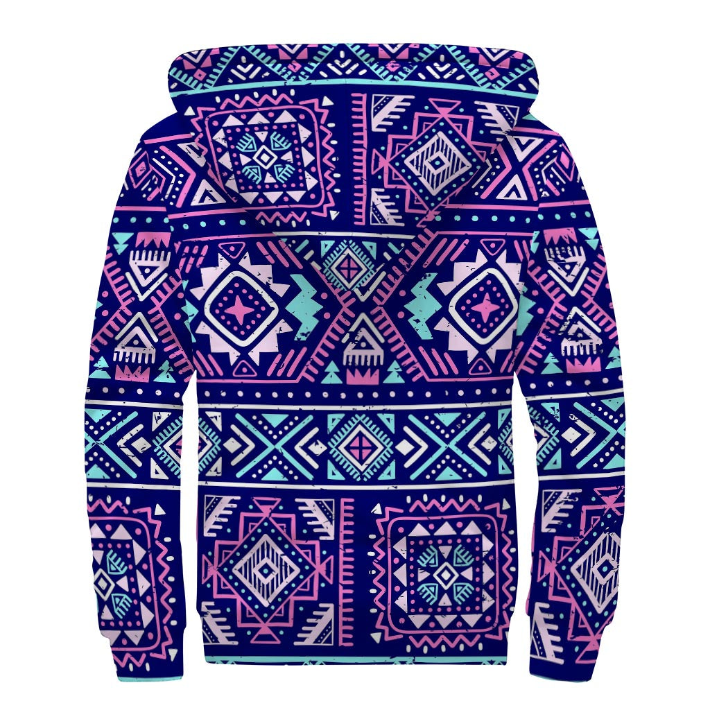 Bohemian Bliss: Blue and Pink Aztec Pattern Sherpa Hoodie - 2