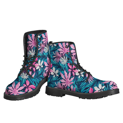 Blue and Pink Watercolor Hawaiian Print Leather Boots for Groovy Hippies - 3