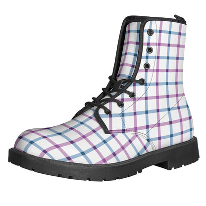 Groovy Blue and Purple Tattersall Pattern Leather Boots for Hippy Souls - 1