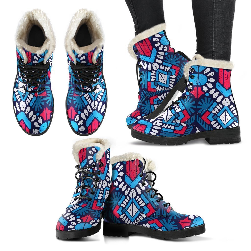 Groovy Chic: Blue and Red Aztec Print Faux Fur Leather Boots for the Modern Hippie - 2