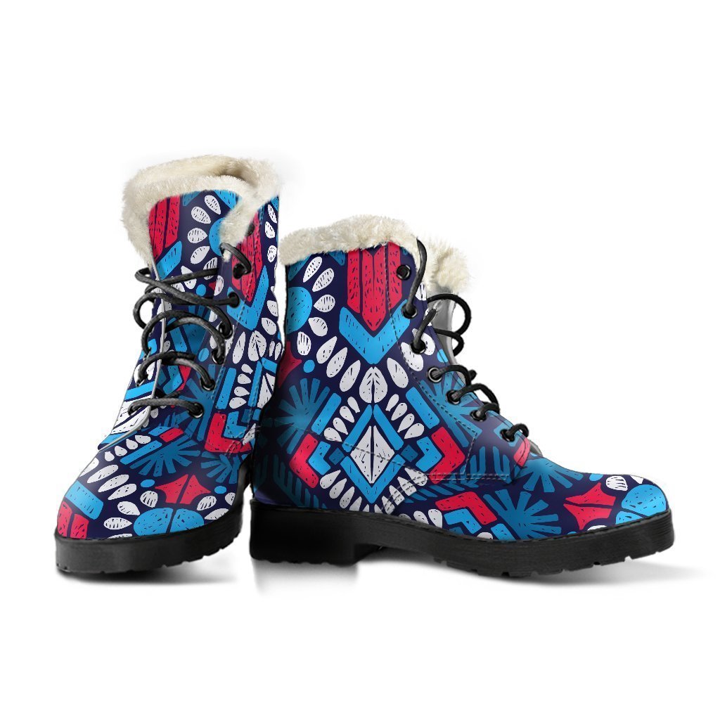 Groovy Chic: Blue and Red Aztec Print Faux Fur Leather Boots for the Modern Hippie - 3