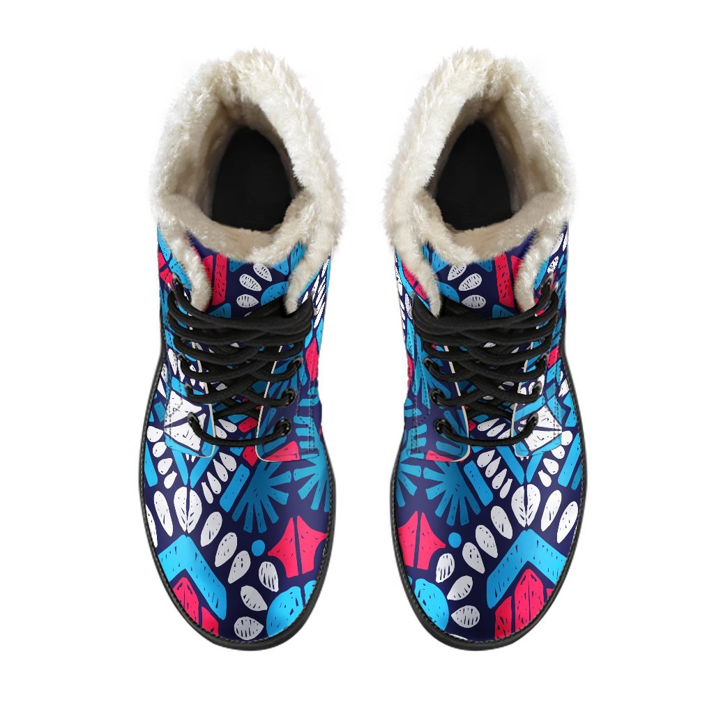 Groovy Chic: Blue and Red Aztec Print Faux Fur Leather Boots for the Modern Hippie - 4