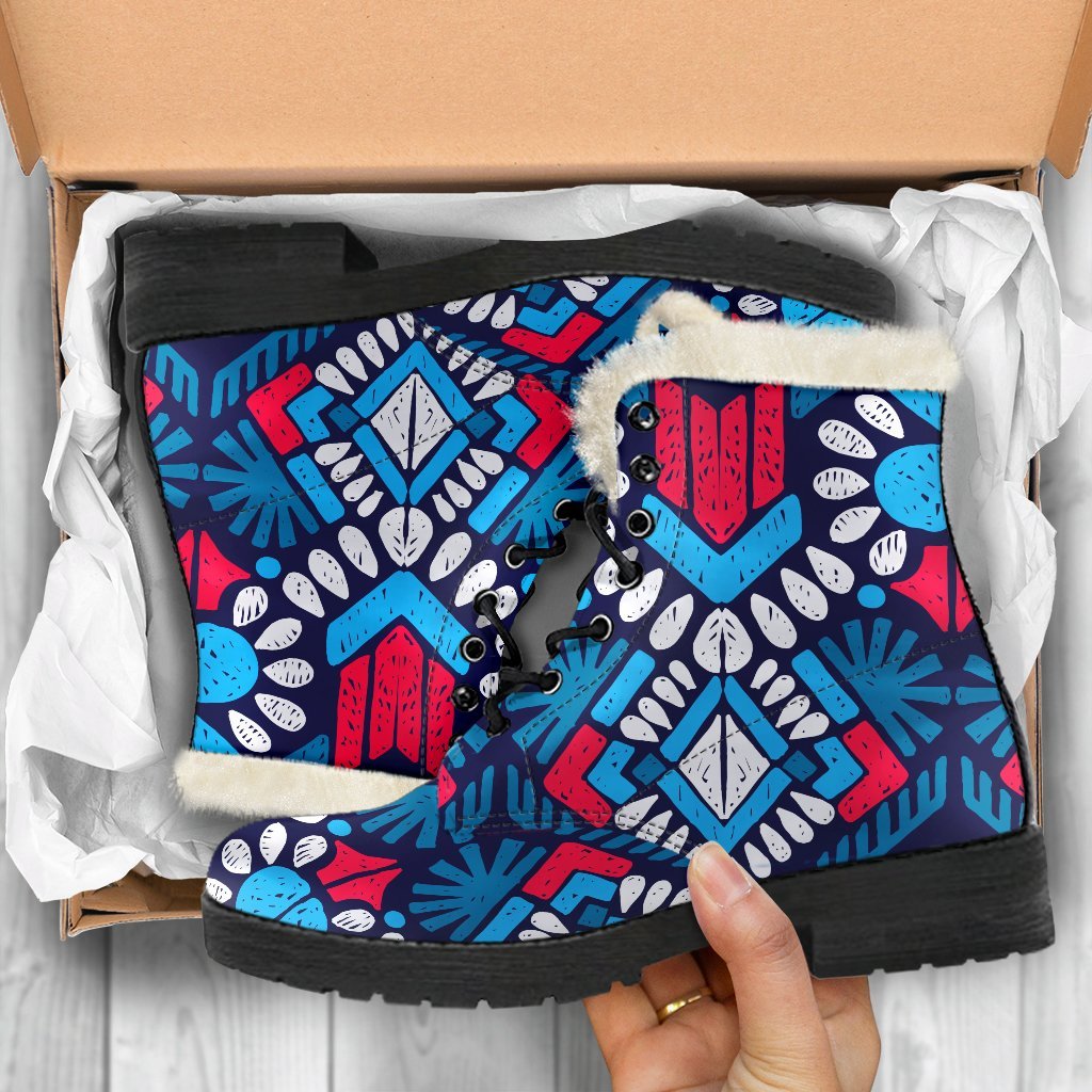 Groovy Chic: Blue and Red Aztec Print Faux Fur Leather Boots for the Modern Hippie - 5