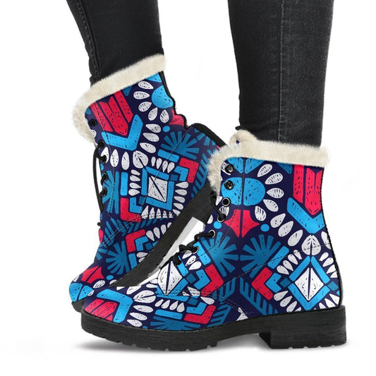 Groovy Chic: Blue and Red Aztec Print Faux Fur Leather Boots for the Modern Hippie - 1