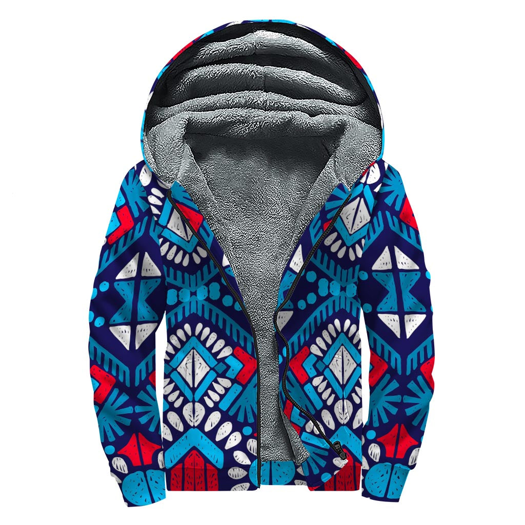 Blue and Red Aztec Pattern Print Sherpa Lined Zip Up Hoodie for Groovy Hippies - 1