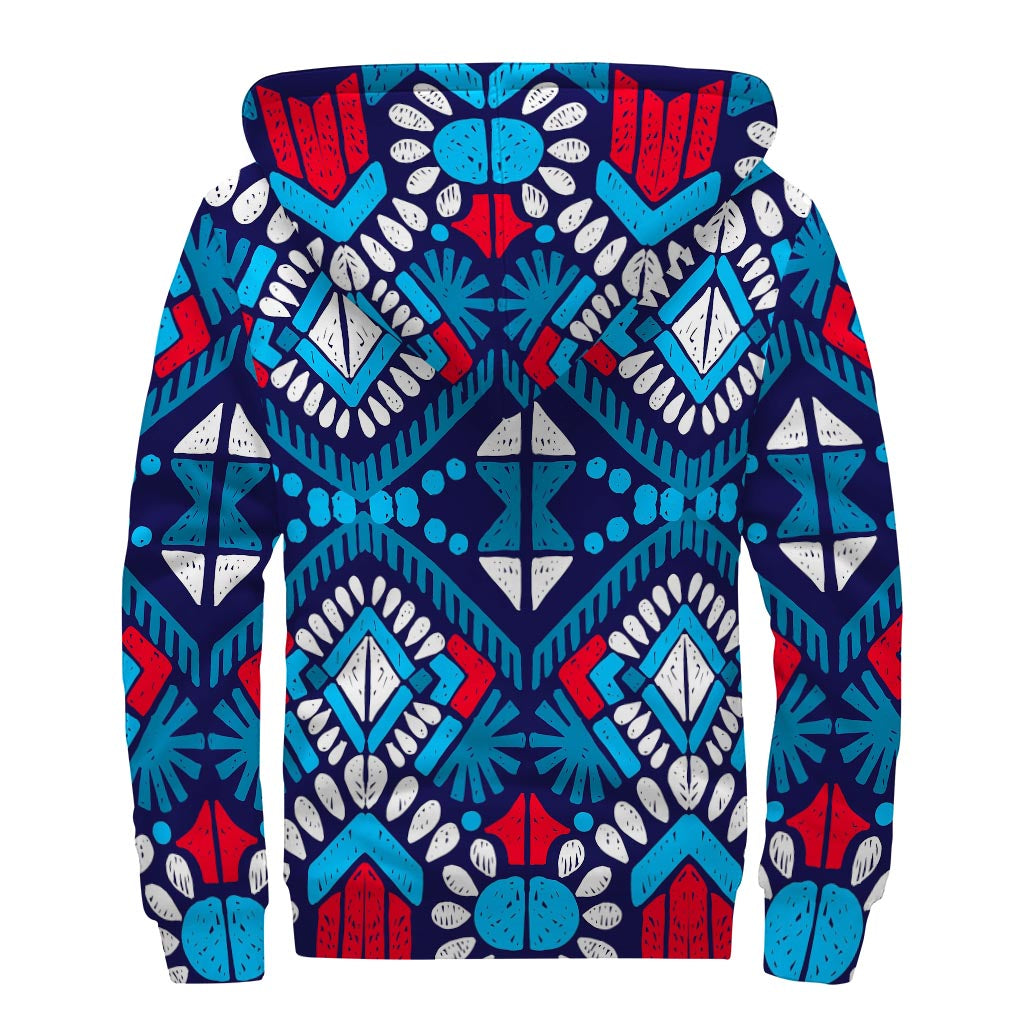 Blue and Red Aztec Pattern Print Sherpa Lined Zip Up Hoodie for Groovy Hippies - 2