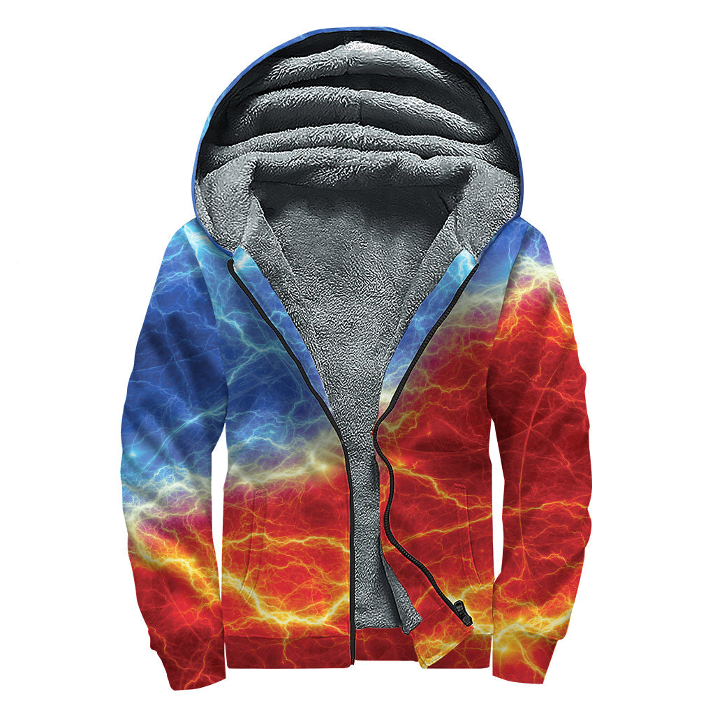 Blue and Red Lightning Print Sherpa Lined Zip Up Hoodie: Embrace Your Inner Hippie Style! - 1