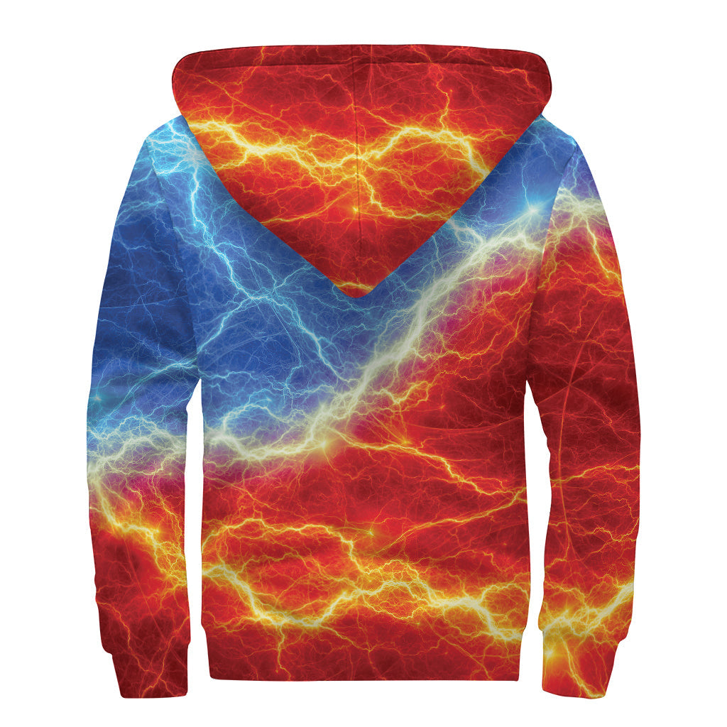 Blue and Red Lightning Print Sherpa Lined Zip Up Hoodie: Embrace Your Inner Hippie Style! - 2