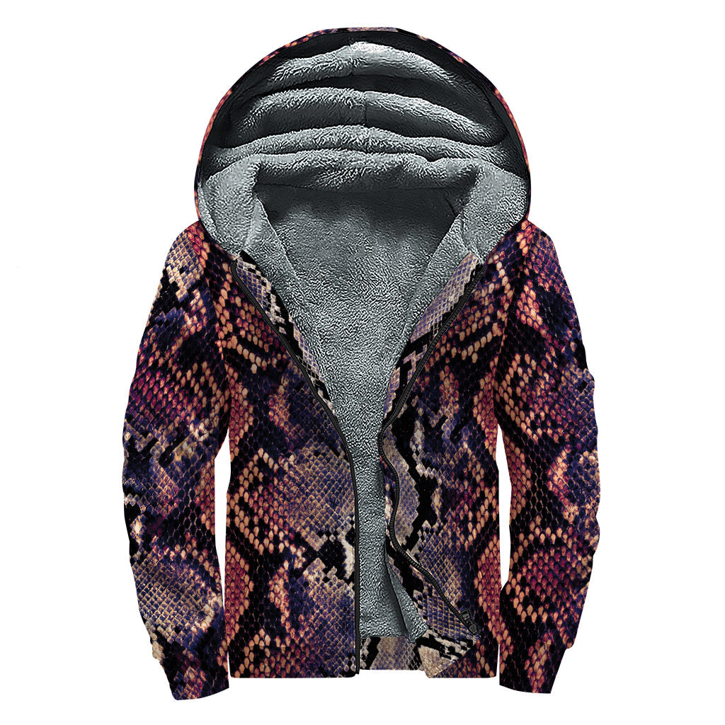 Blue and Red Snakeskin Print Sherpa Lined Zip Up Hoodie for Groovy Hippies - 1