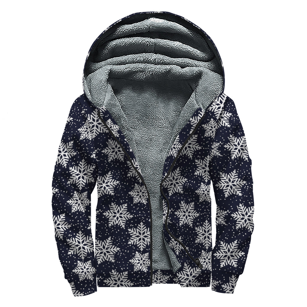 Blue and Silver Snowflake Pattern Sherpa Lined Zip Up Hoodie for Groovy Hippies - 1