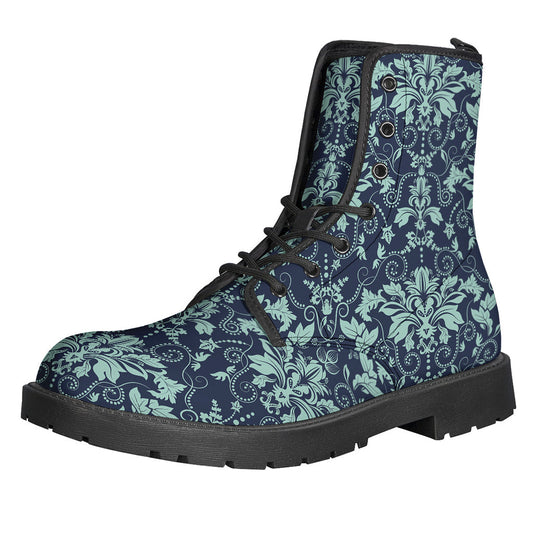 Groovy Blue and Teal Damask Pattern Leather Lightweight Boots for the Free-Spirited Hippie - 1