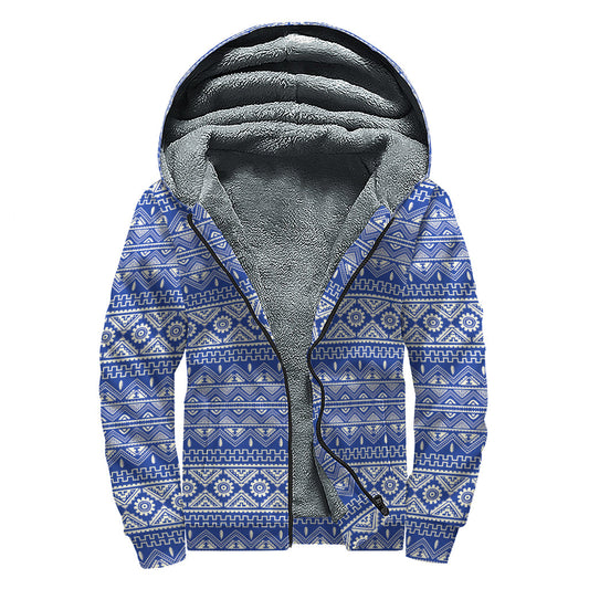 Blue and White African Pattern Sherpa-Lined Zip Up Hoodie: Embrace Your Inner Hippie - 1