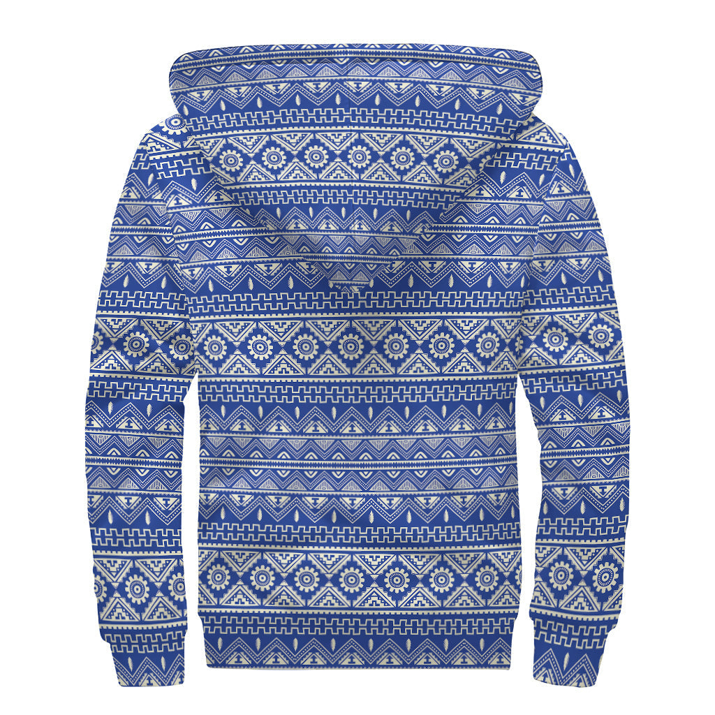 Blue and White African Pattern Sherpa-Lined Zip Up Hoodie: Embrace Your Inner Hippie - 2