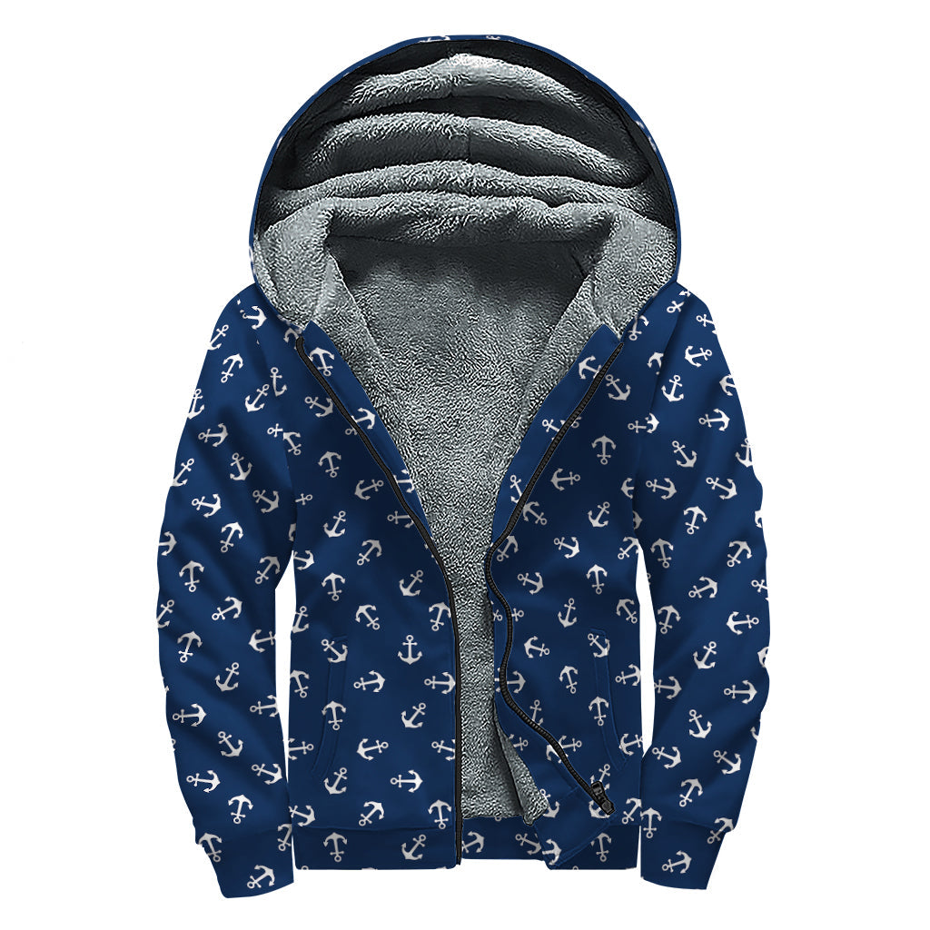 Blue and White Anchor Pattern Print Sherpa Lined Zip Up Hoodie for Groovy Hippies - 1