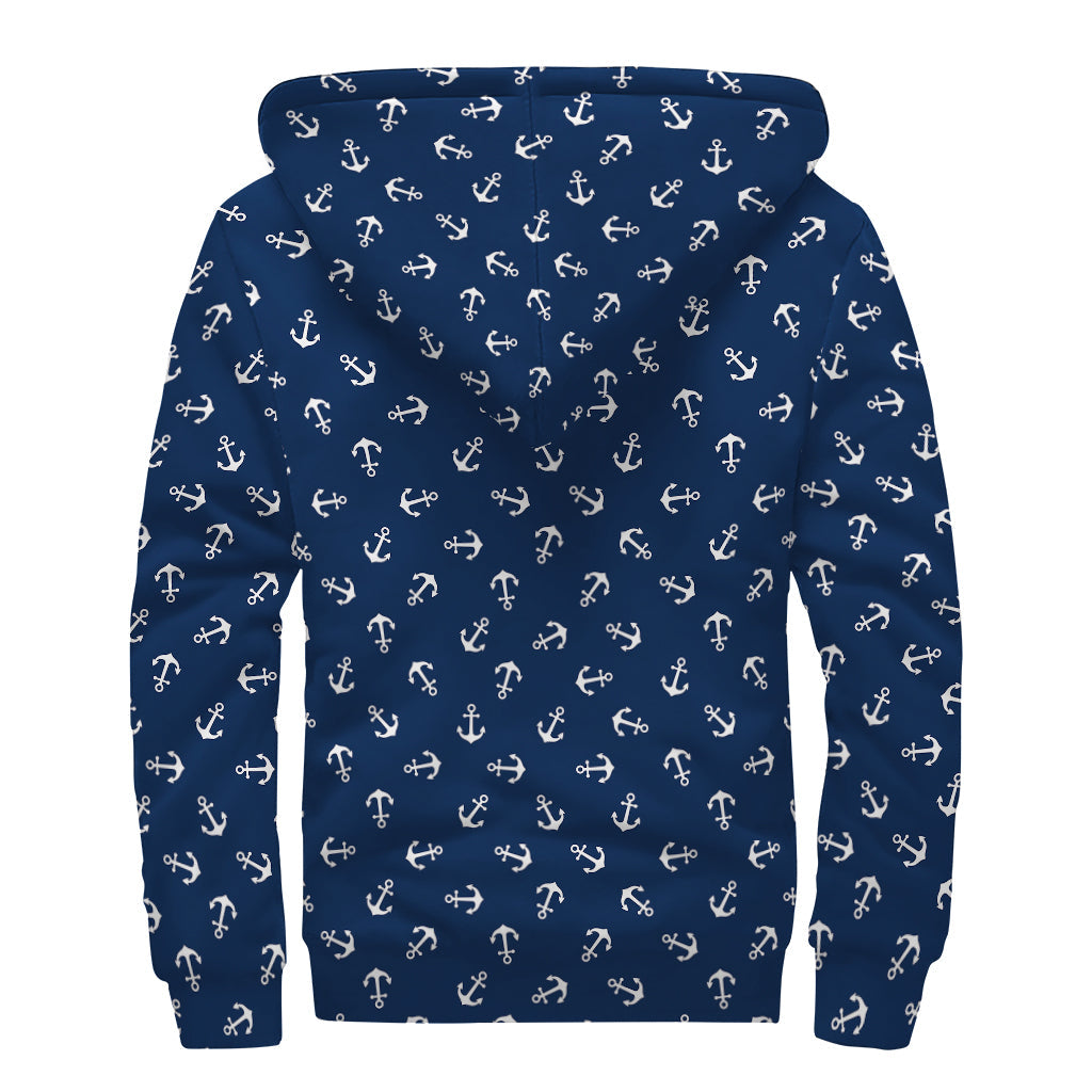 Blue and White Anchor Pattern Print Sherpa Lined Zip Up Hoodie for Groovy Hippies - 2