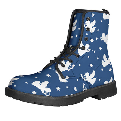 Blue and White Angel Pattern Leather Hippie Boots - 1