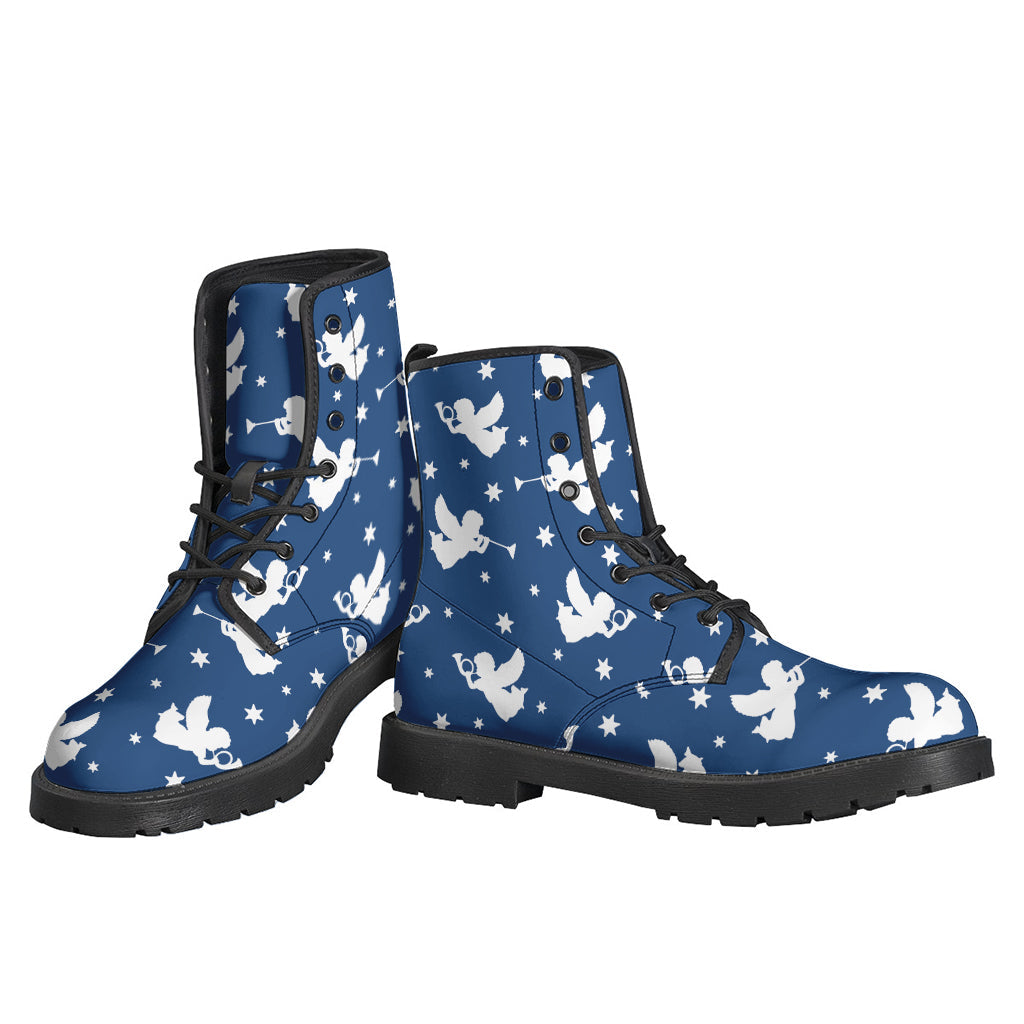 Blue and White Angel Pattern Leather Hippie Boots - 3