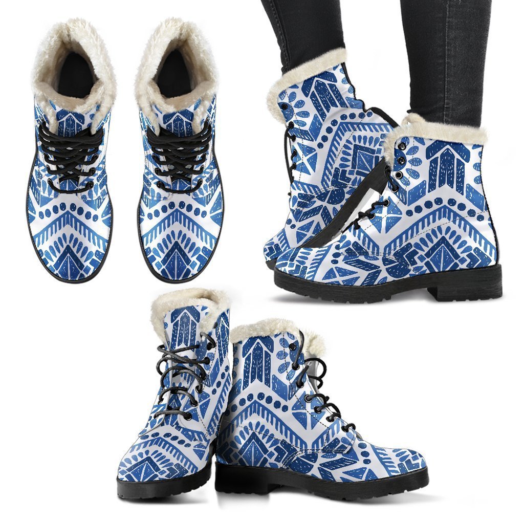 Groovy Blue and White Aztec Pattern Faux Fur Leather Boots for the Modern Hippie - 2