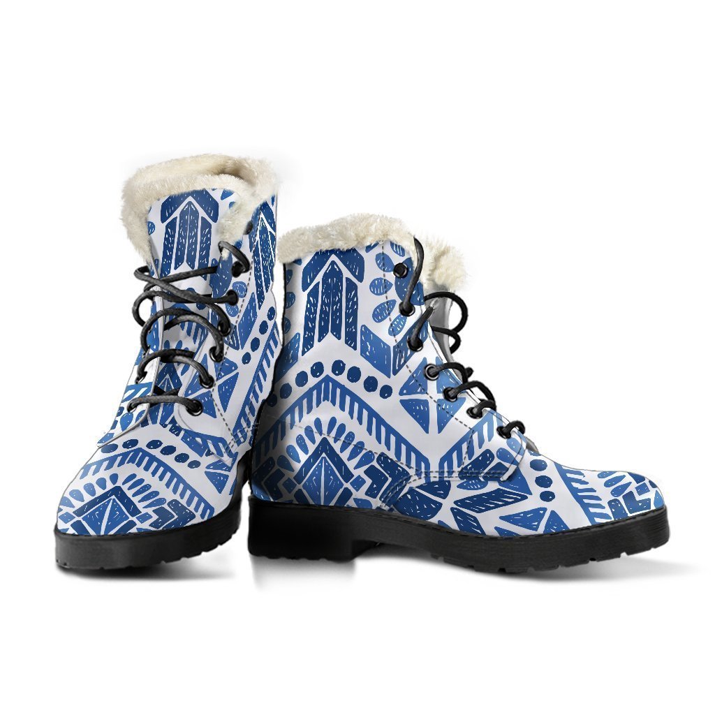 Groovy Blue and White Aztec Pattern Faux Fur Leather Boots for the Modern Hippie - 3