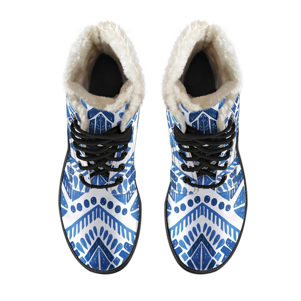 Groovy Blue and White Aztec Pattern Faux Fur Leather Boots for the Modern Hippie - 4