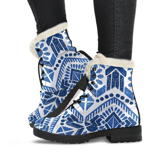 Groovy Blue and White Aztec Pattern Faux Fur Leather Boots for the Modern Hippie - 1