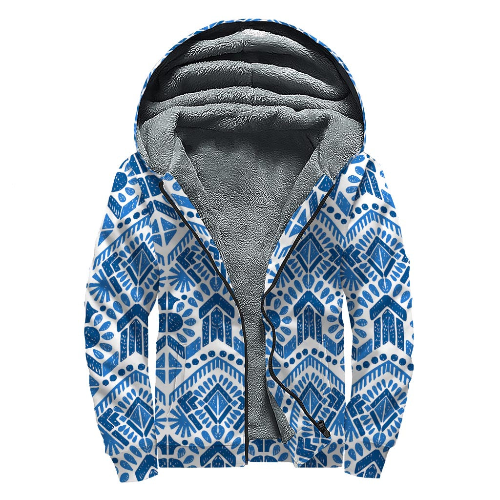 Blue and White Aztec Pattern Print Sherpa Lined Zip Up Hoodie - Embrace Your Inner Hippie Style! - 1