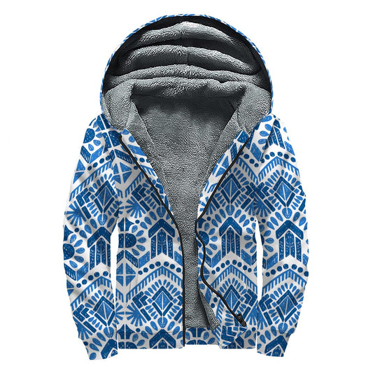 Blue and White Aztec Pattern Print Sherpa Lined Zip Up Hoodie - Embrace Your Inner Hippie Style! - 1