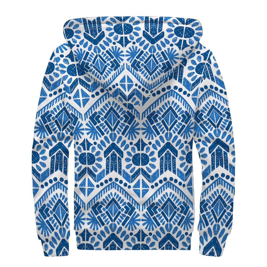 Blue and White Aztec Pattern Print Sherpa Lined Zip Up Hoodie - Embrace Your Inner Hippie Style! - 2