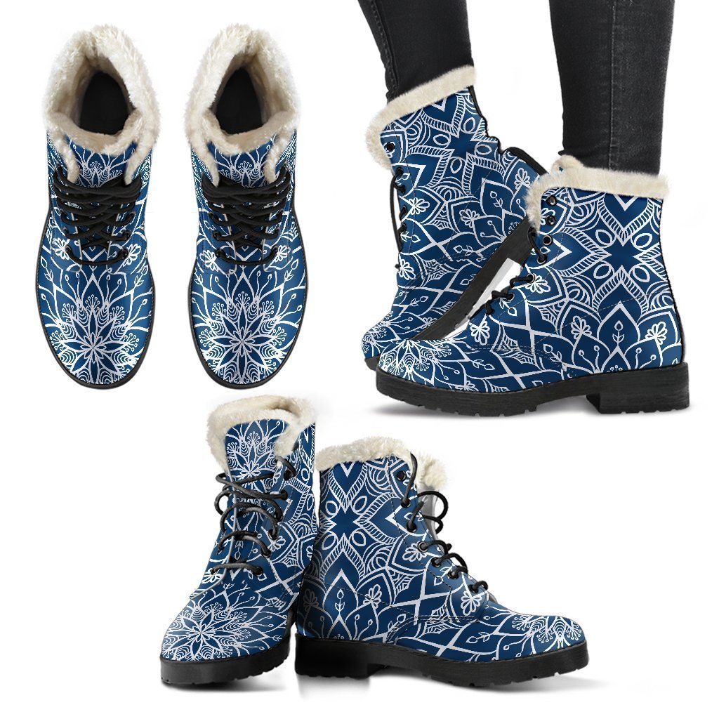 Groovy Blue and White Bohemian Mandala Print Faux Fur Leather Boots for the Free-Spirited Hippie - 2