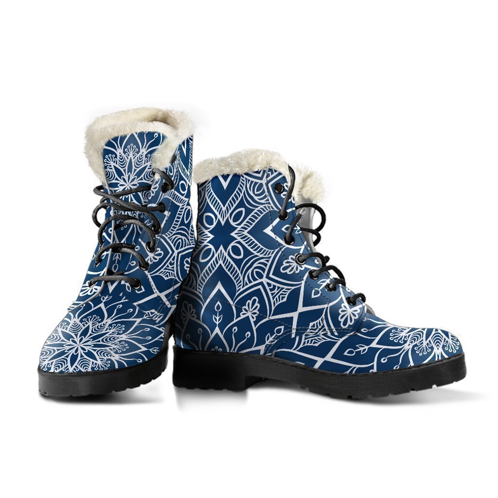 Groovy Blue and White Bohemian Mandala Print Faux Fur Leather Boots for the Free-Spirited Hippie - 3