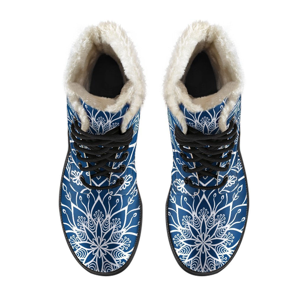 Groovy Blue and White Bohemian Mandala Print Faux Fur Leather Boots for the Free-Spirited Hippie - 4