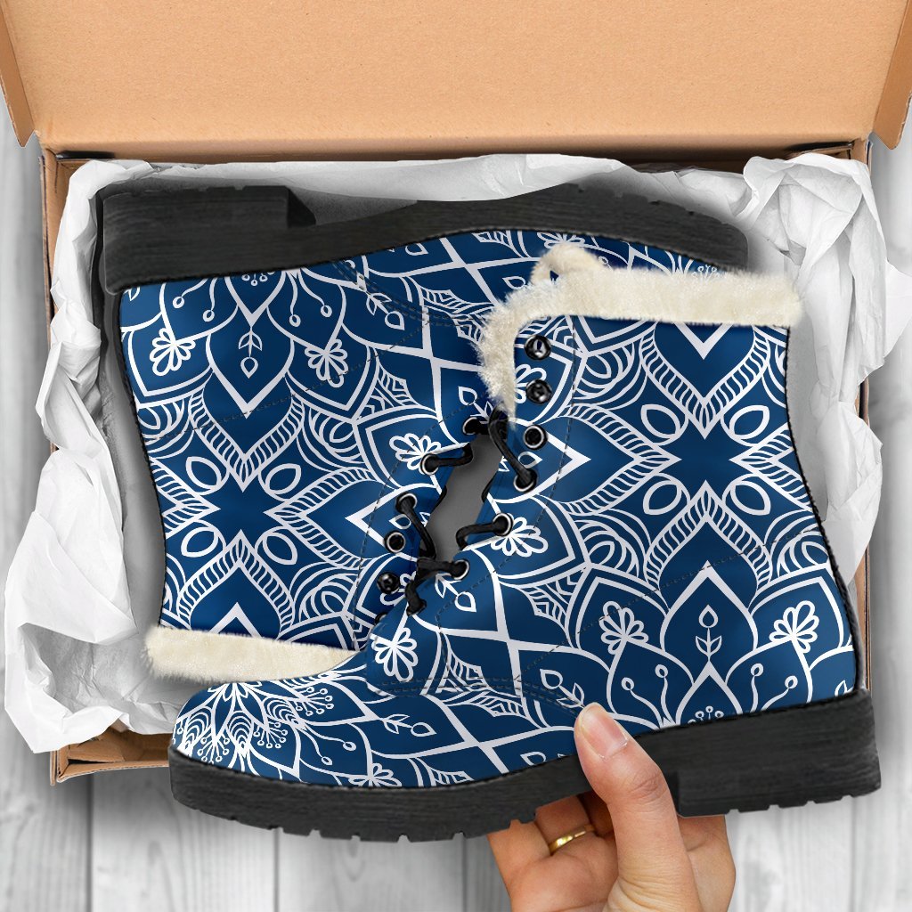 Groovy Blue and White Bohemian Mandala Print Faux Fur Leather Boots for the Free-Spirited Hippie - 5