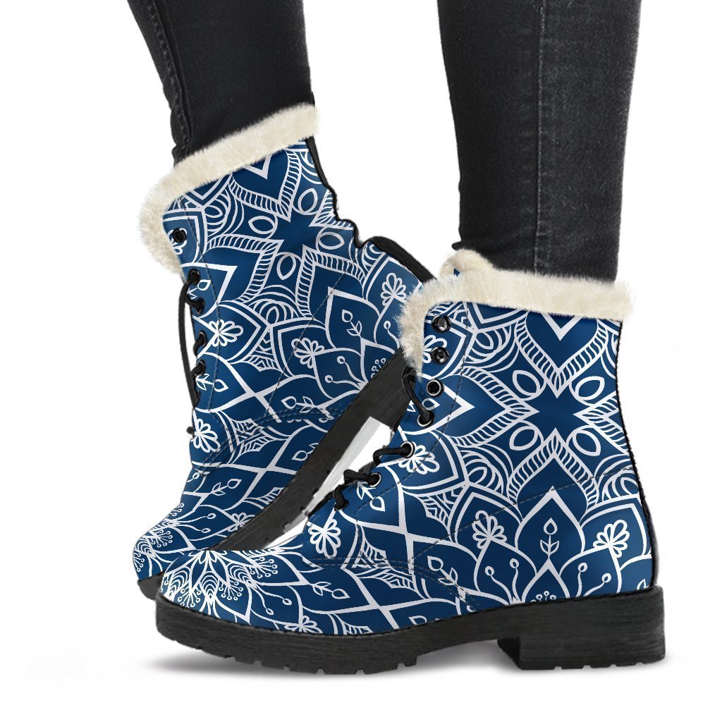 Groovy Blue and White Bohemian Mandala Print Faux Fur Leather Boots for the Free-Spirited Hippie - 1