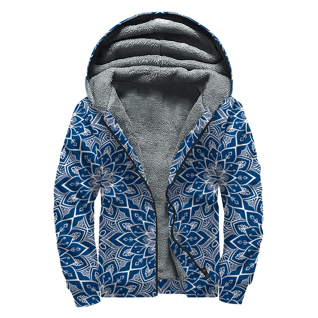 Blue and White Bohemian Mandala Print Sherpa Lined Zip Up Hoodie for Groovy Hippies - 1