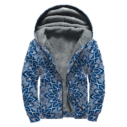 Blue and White Bohemian Mandala Print Sherpa Lined Zip Up Hoodie for Groovy Hippies - 1