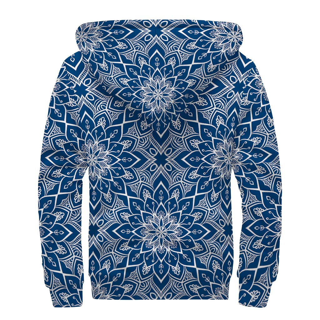 Blue and White Bohemian Mandala Print Sherpa Lined Zip Up Hoodie for Groovy Hippies - 2