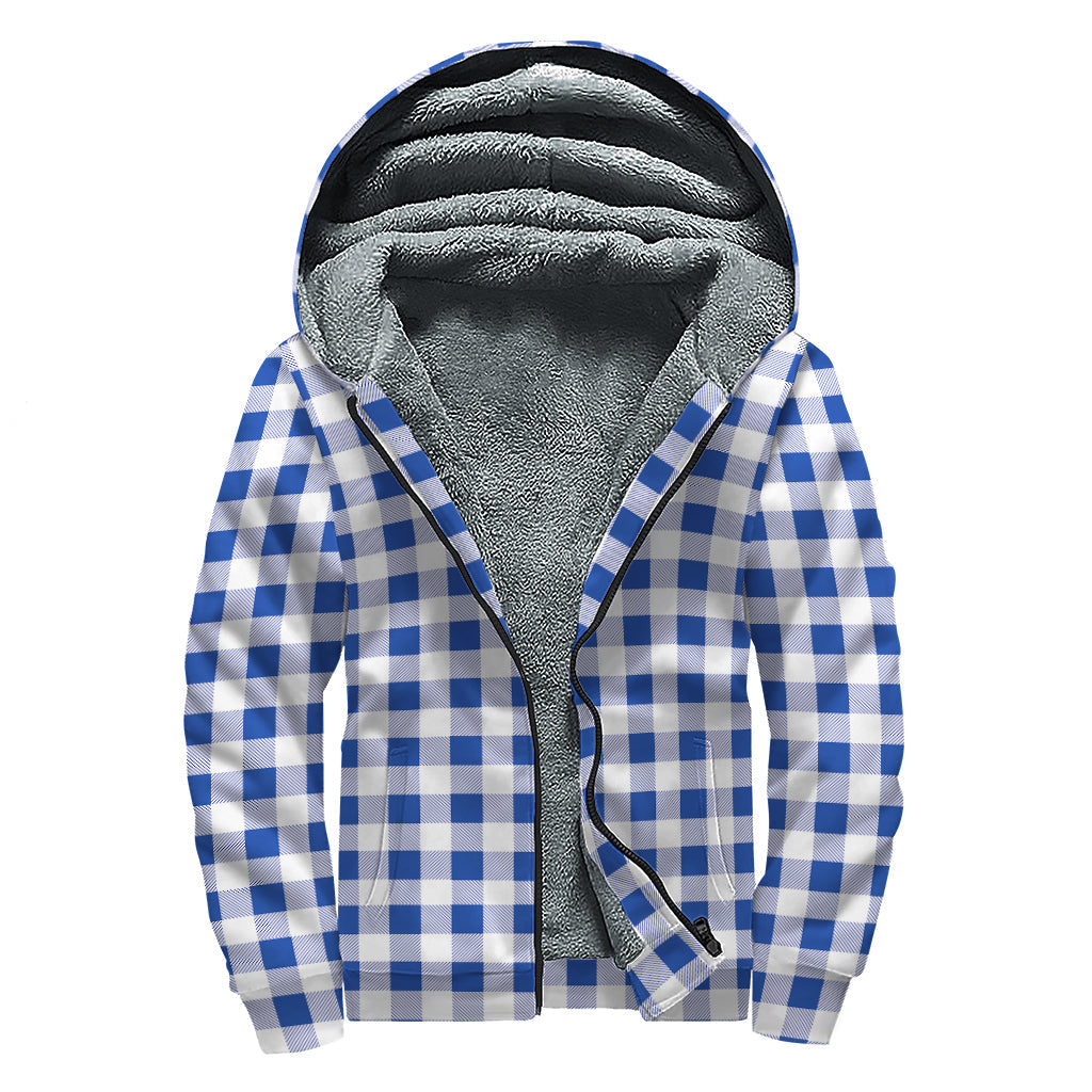 Groovy Blue and White Buffalo Check Sherpa Hoodie for Free-Spirited Hippies - 1