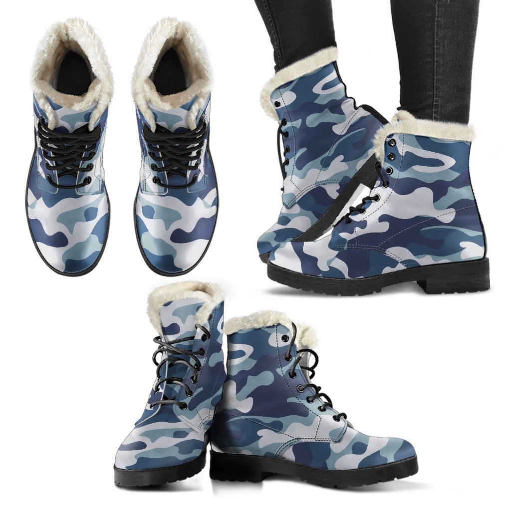 Step Out in Style: Blue and White Camouflage Print Faux Fur Leather Boots for Modern Hippies - 2