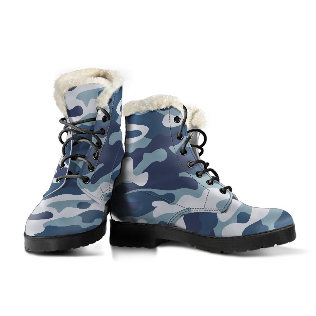 Step Out in Style: Blue and White Camouflage Print Faux Fur Leather Boots for Modern Hippies - 3