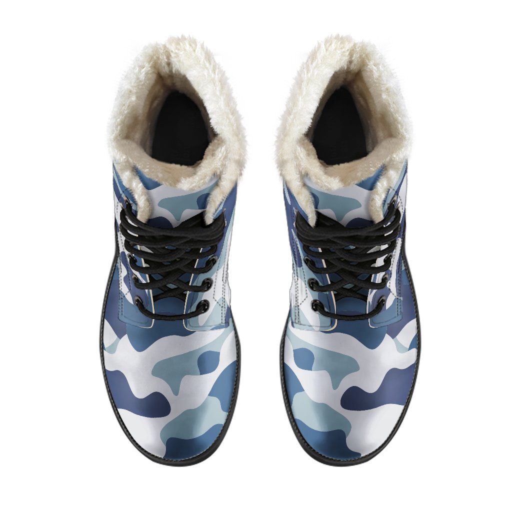 Step Out in Style: Blue and White Camouflage Print Faux Fur Leather Boots for Modern Hippies - 4