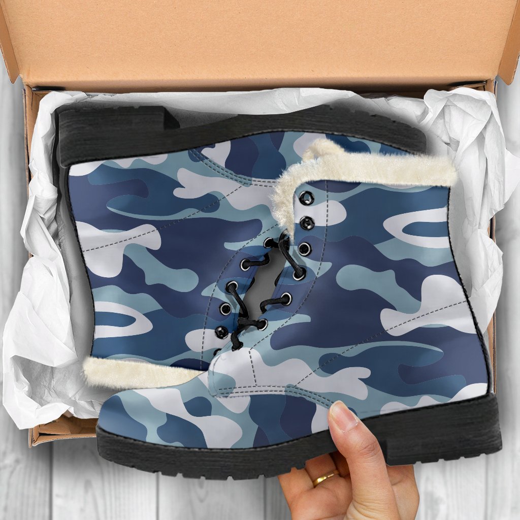 Step Out in Style: Blue and White Camouflage Print Faux Fur Leather Boots for Modern Hippies - 5