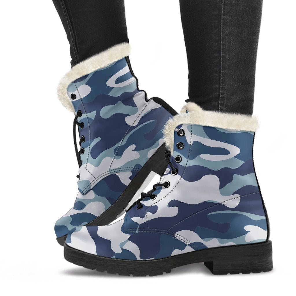 Step Out in Style: Blue and White Camouflage Print Faux Fur Leather Boots for Modern Hippies - 1