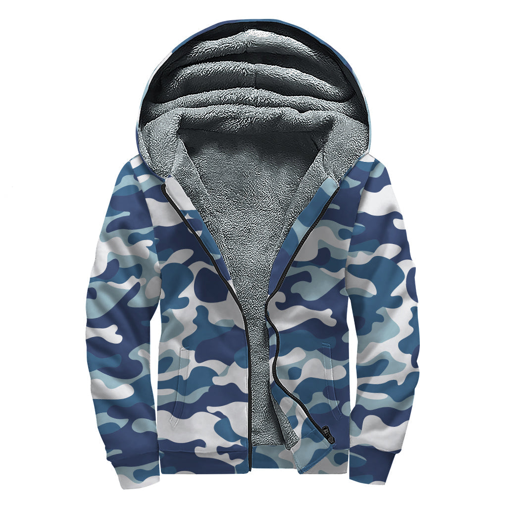 Blue and White Camouflage Print Hippie Sherpa Lined Zip Up Hoodie - 1