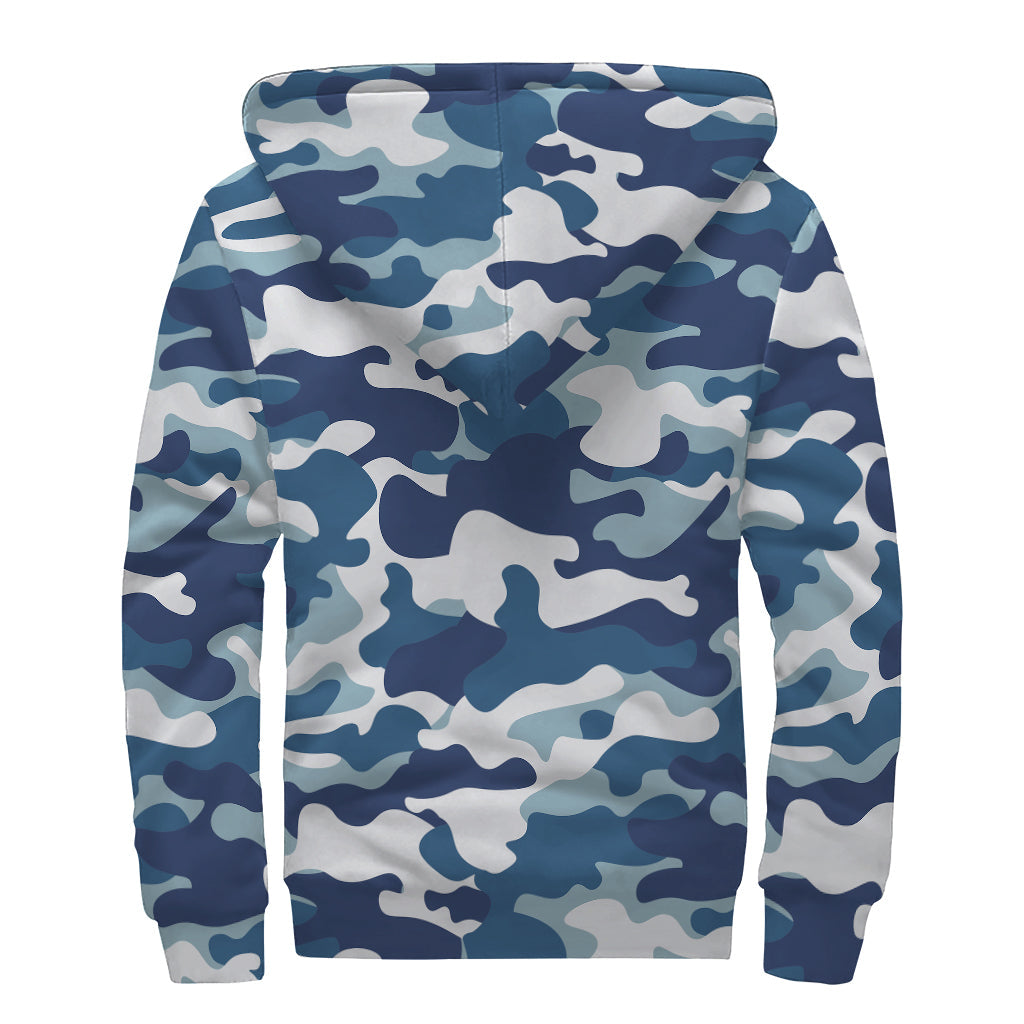 Blue and White Camouflage Print Hippie Sherpa Lined Zip Up Hoodie - 2