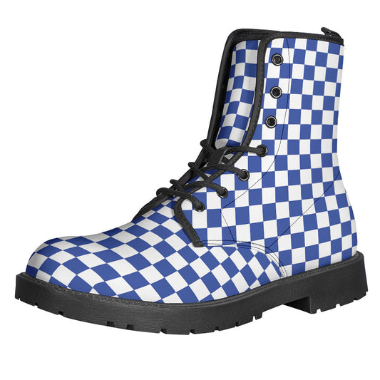 Blue and White Checkered Pattern Print Leather Lightweight Boots for the Hippie Soul - 1