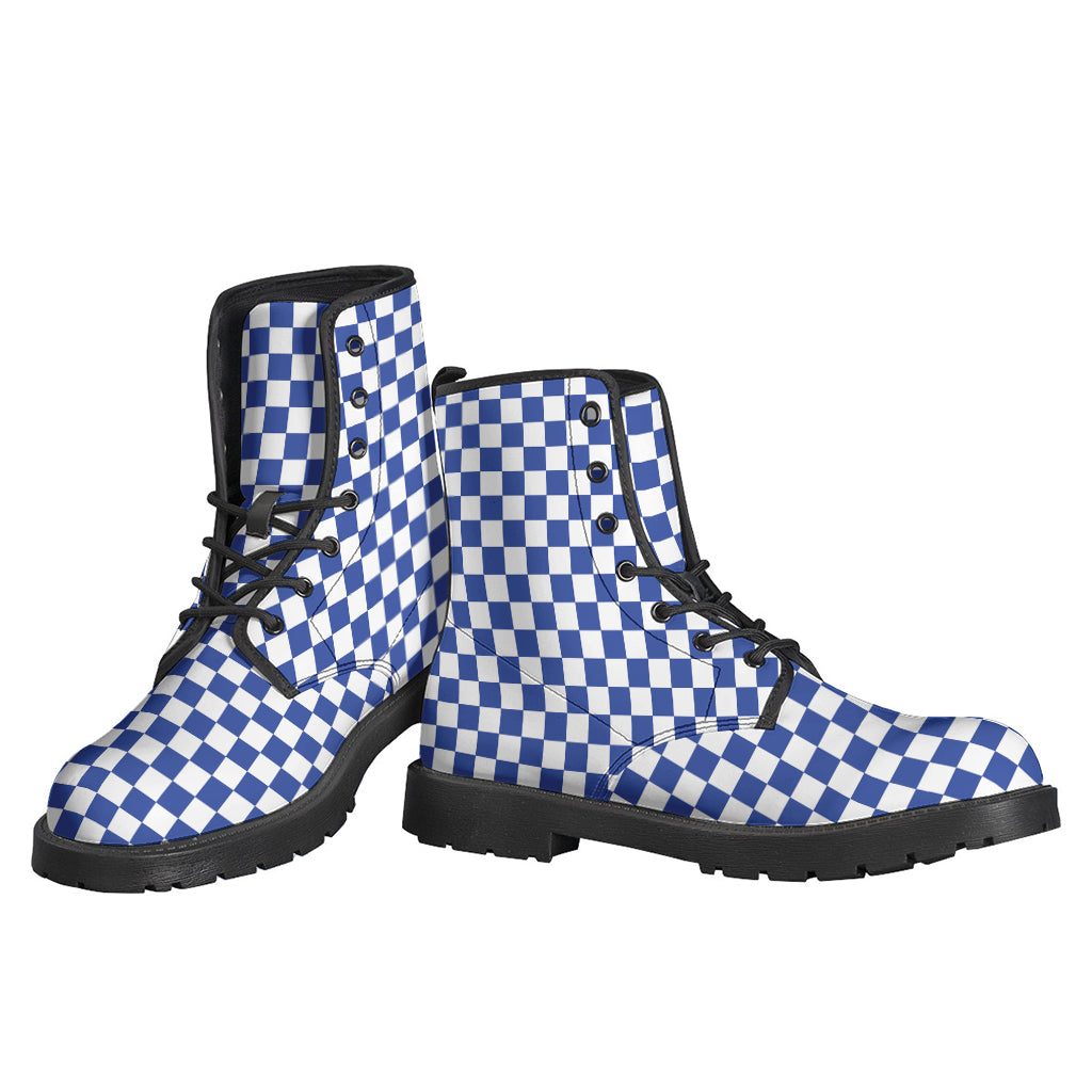 Blue and White Checkered Pattern Print Leather Lightweight Boots for the Hippie Soul - 3